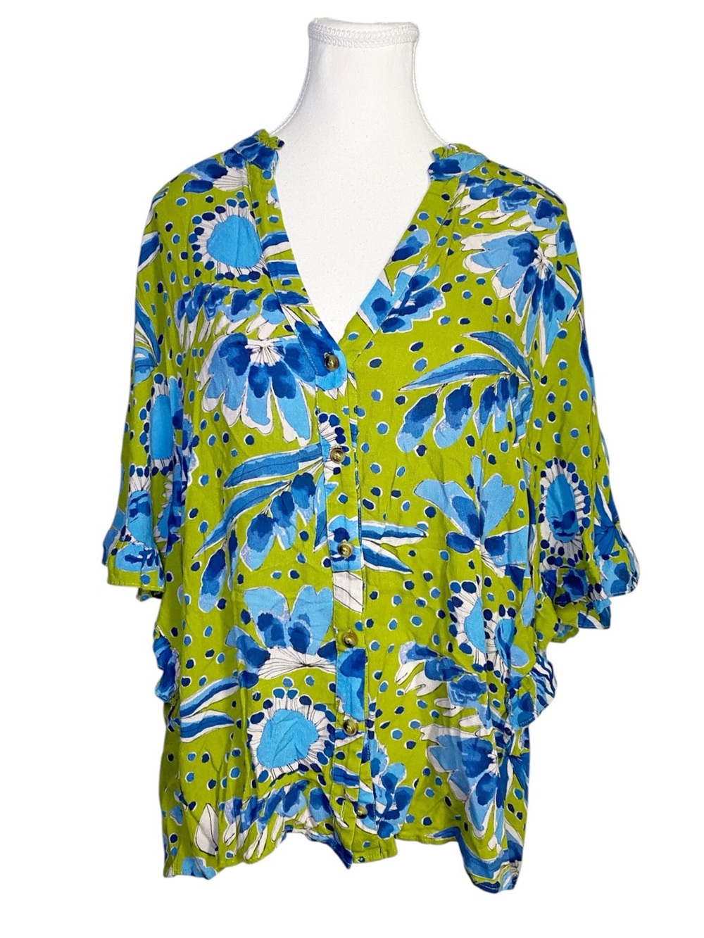 Anthropologie Green & Blue Abstract
Floral Flutter Sleeve V-Neck Blouse 2X